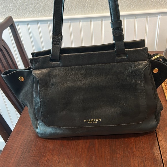 Halston Heritage Leather Bag Gold Purse Suede Black - Picture 3 of 13